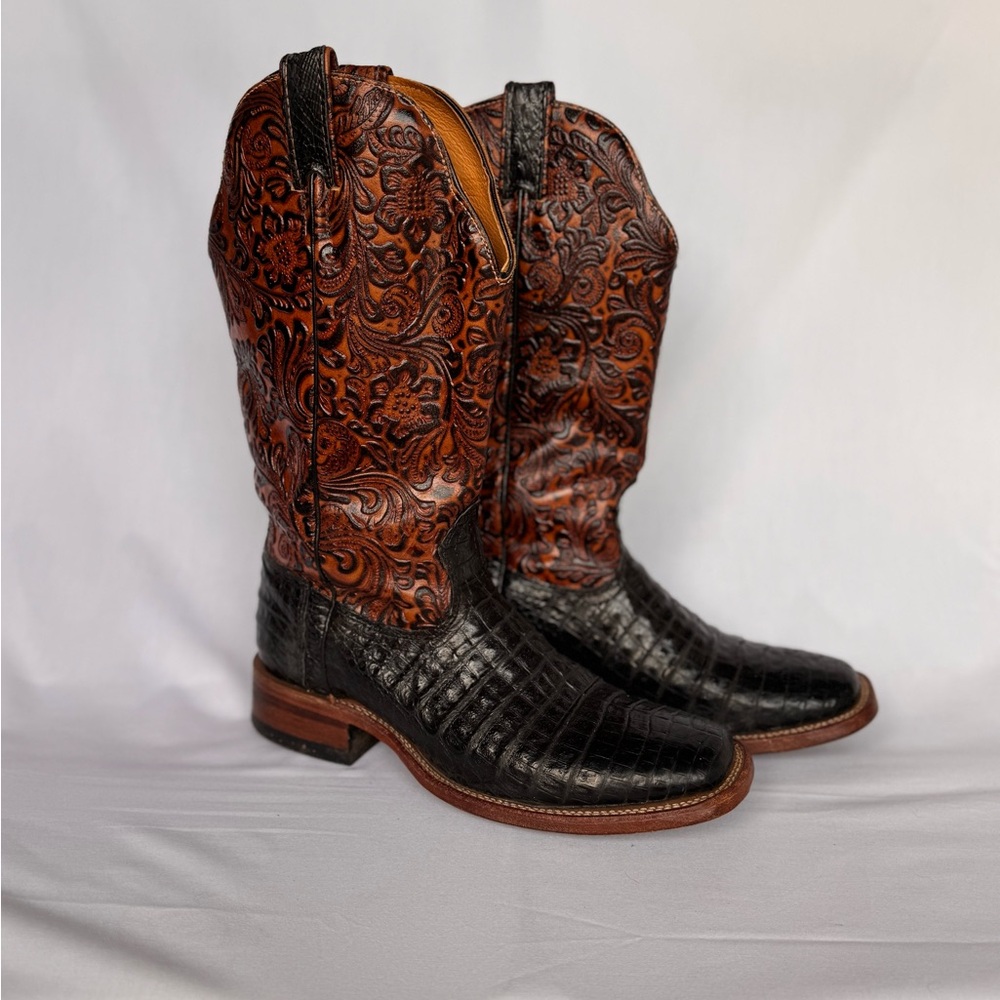 Boulet Black Caiman Cowboy Boots Size 8.5 Brown Embossed Shaft